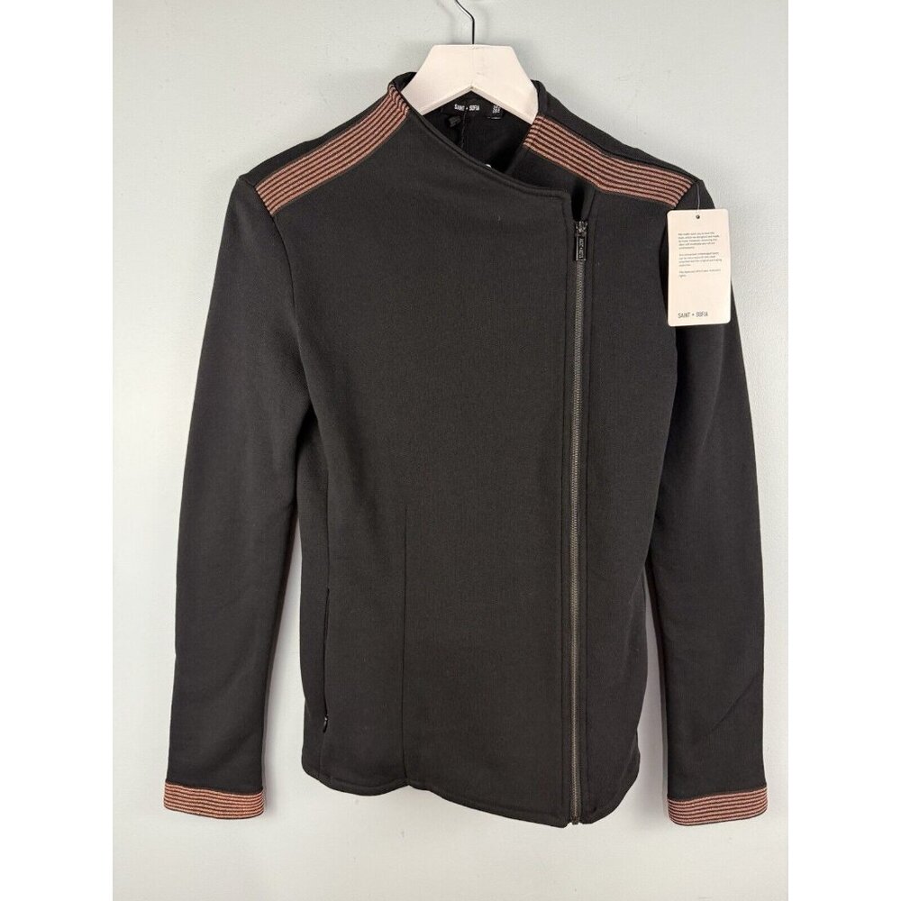 SAINT + SOFIA Womens Cotton Biker Jacket US Size 6 Black Bronze Stripes NEW Moto